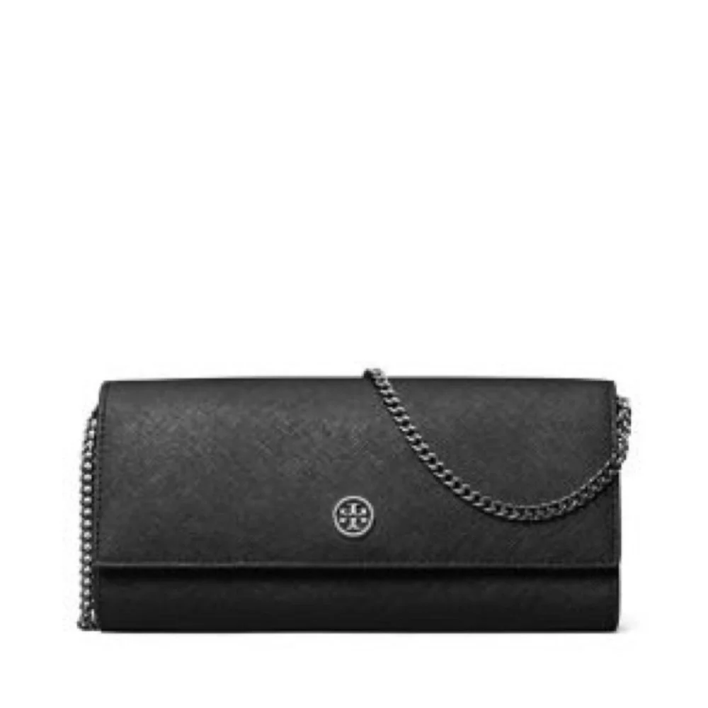 Tory Burch Emerson Wallet on a Chain Crossbody Bag Black Silver